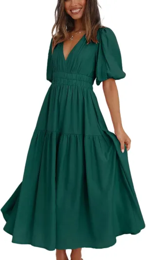 Womens Deep V Neck Puff Short Sleeve Tired Maxi Dress Boho Long Flowy Summer Dresses