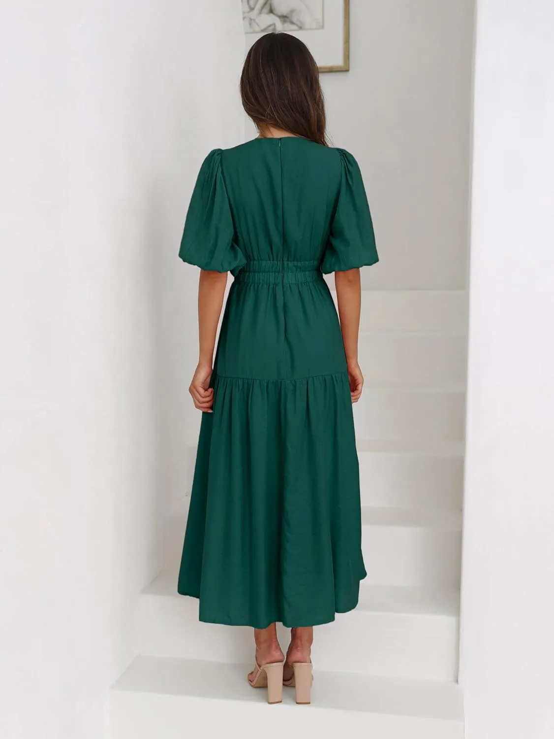 Womens Deep V Neck Puff Short Sleeve Tired Maxi Dress Boho Long Flowy Summer Dresses