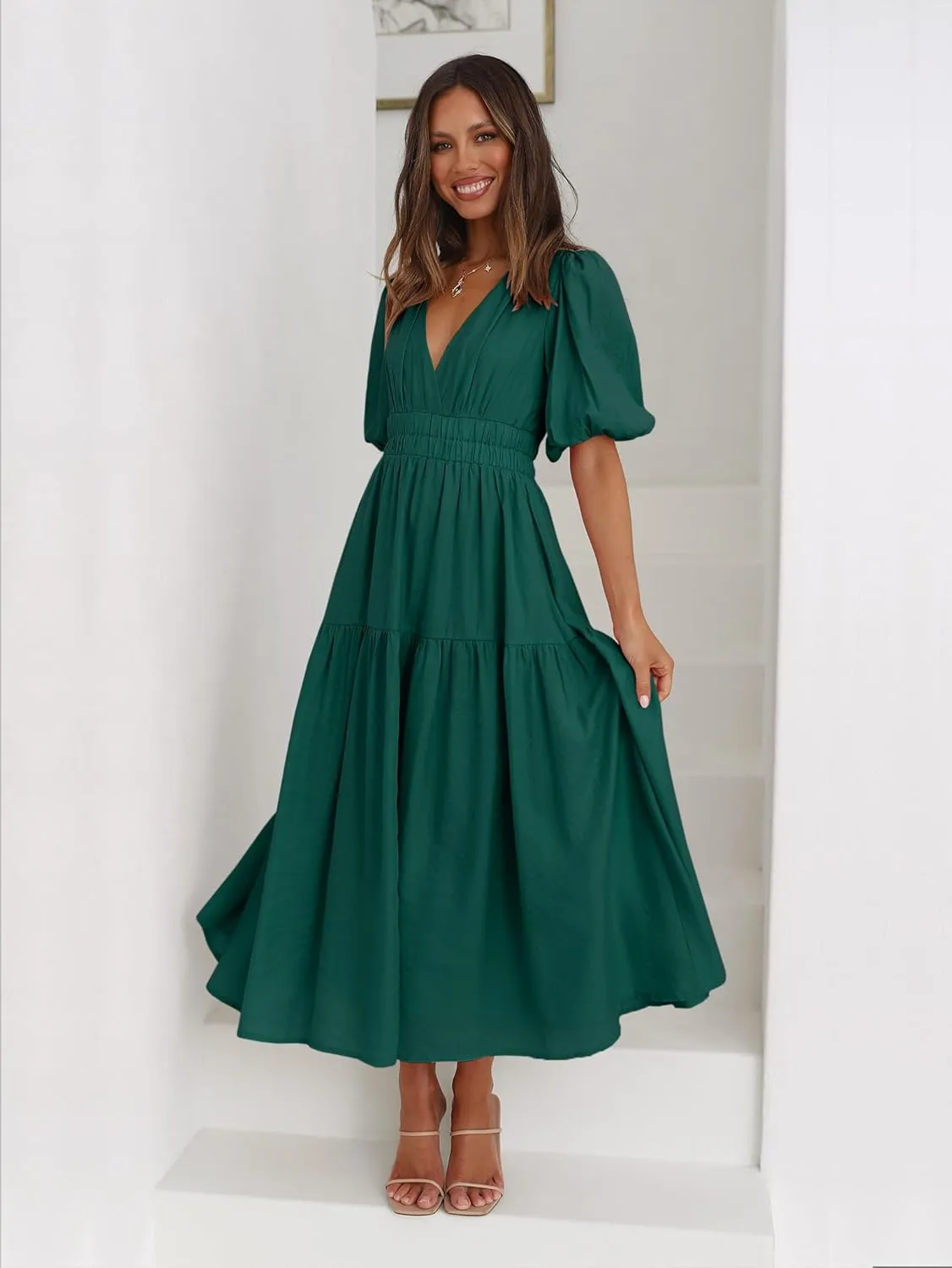 Womens Deep V Neck Puff Short Sleeve Tired Maxi Dress Boho Long Flowy Summer Dresses