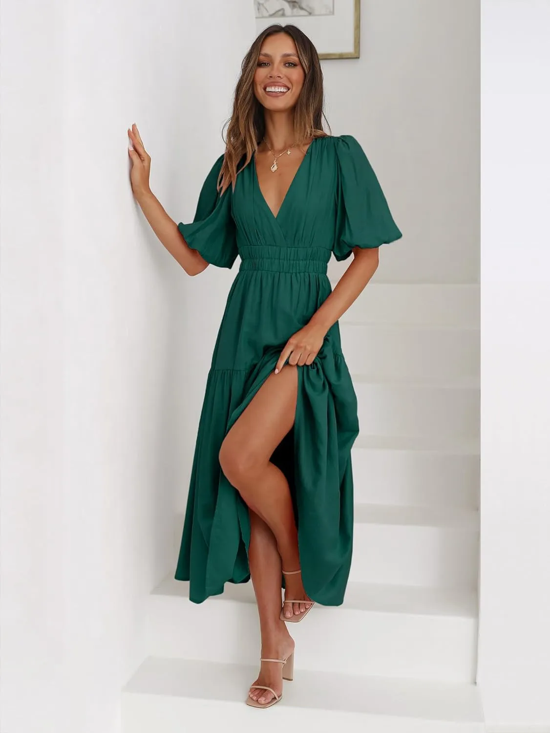 Womens Deep V Neck Puff Short Sleeve Tired Maxi Dress Boho Long Flowy Summer Dresses