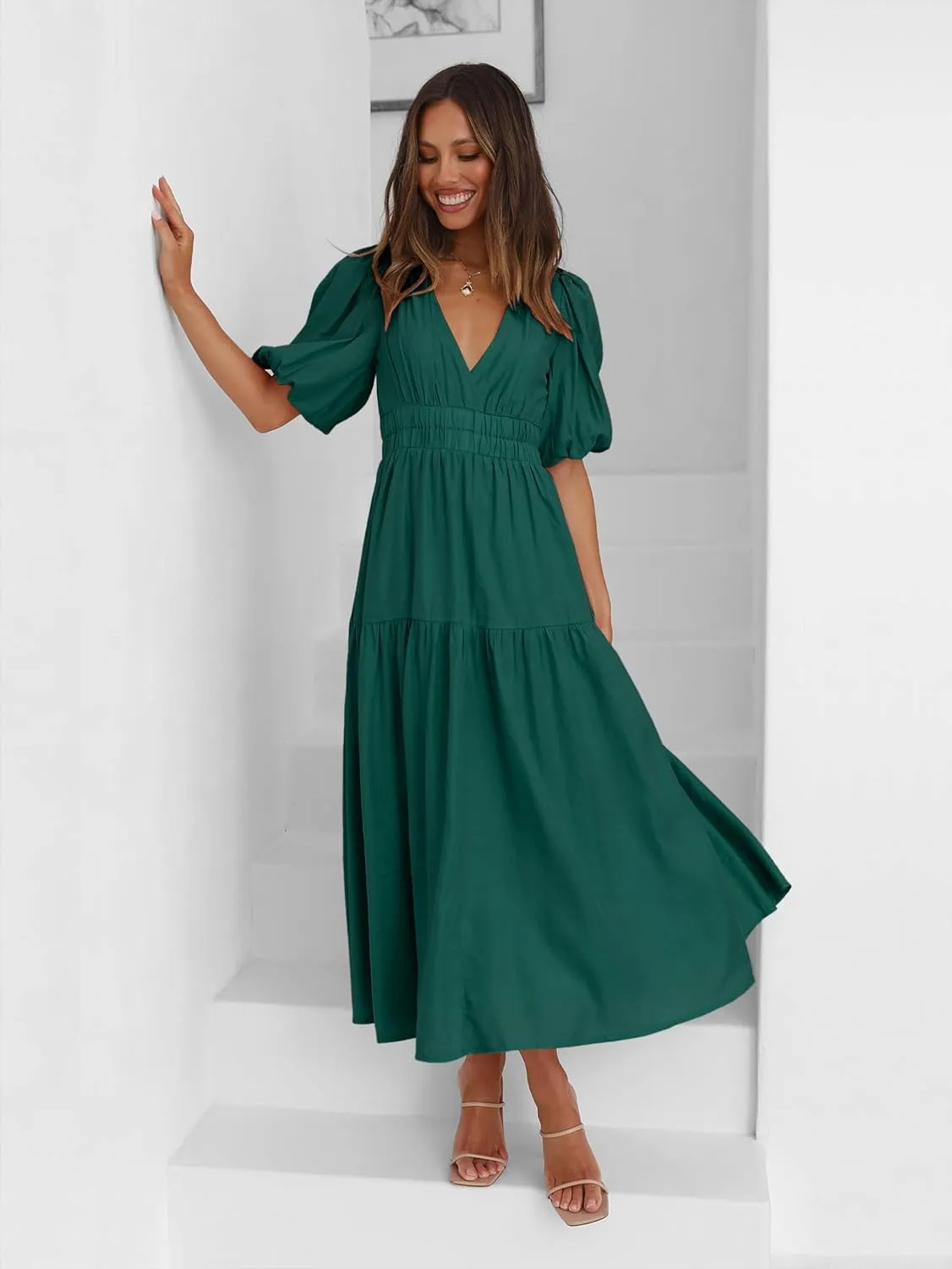 Womens Deep V Neck Puff Short Sleeve Tired Maxi Dress Boho Long Flowy Summer Dresses