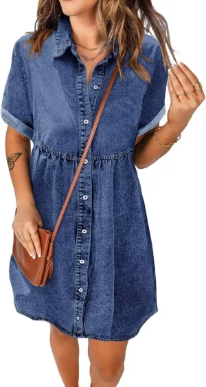 Women's Denim Dress for Women Blue Jean Dress 2025 Trendy Summer Short Sleeve Denim Dresses with Pockets