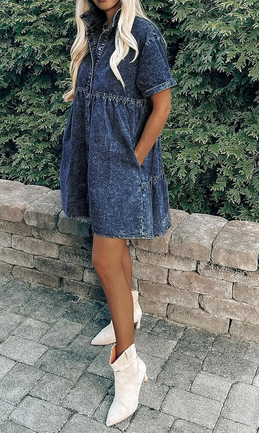 Women's Denim Dress for Women Blue Jean Dress 2025 Trendy Summer Short Sleeve Denim Dresses with Pockets