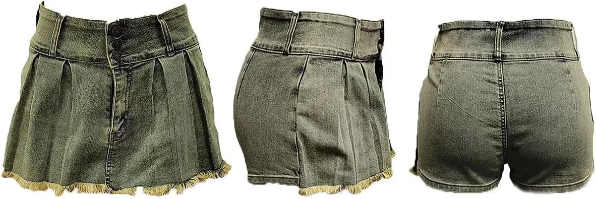Womens Denim Jeans Skirt Shorts Mini Cargo High Waist Sexy Plus Size Pleated Skorts