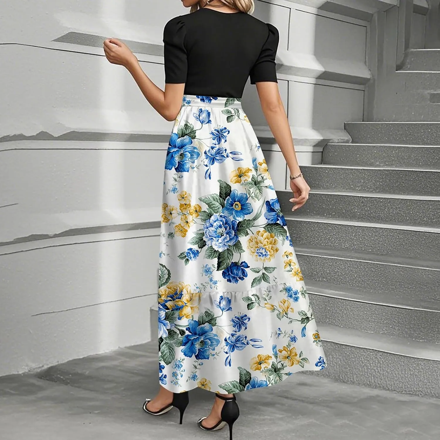 Womens Dress Summer Flowy Maxi Dress Highwaisted Short Sleeve Floral Dressed Casual Tea Party Dresses with Belt