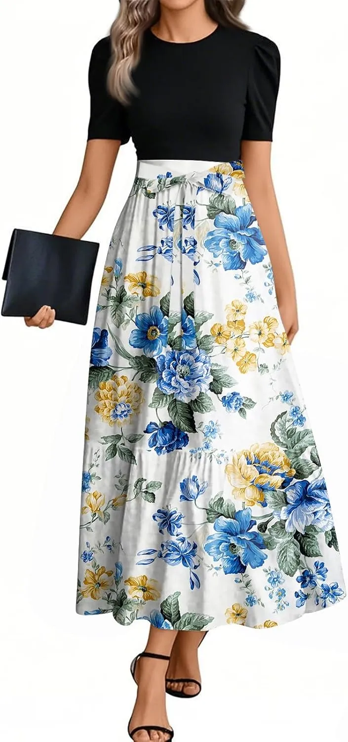 Womens Dress Summer Flowy Maxi Dress Highwaisted Short Sleeve Floral Dressed Casual Tea Party Dresses with Belt