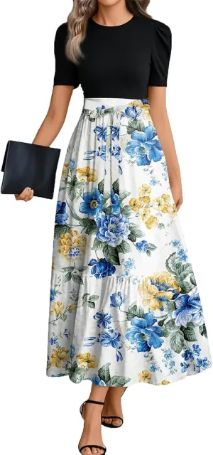 Womens Dress Summer Flowy Maxi Dress Highwaisted Short Sleeve Floral Dressed Casual Tea Party Dresses with Belt