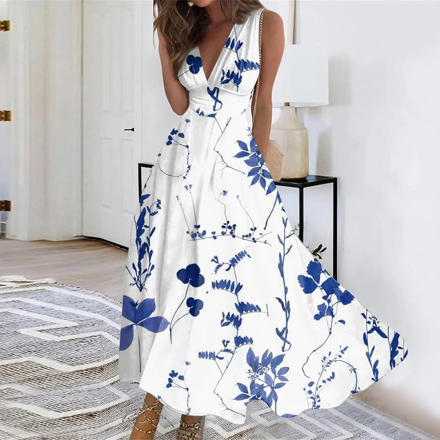 Womens Dresses Flowy Ruched Floral Print Boho Dress Wrap V Neck Sleeveless Sundress Elegant Beach Dresses