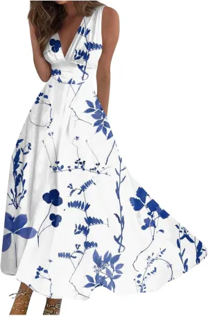 Womens Dresses Flowy Ruched Floral Print Boho Dress Wrap V Neck Sleeveless Sundress Elegant Beach Dresses