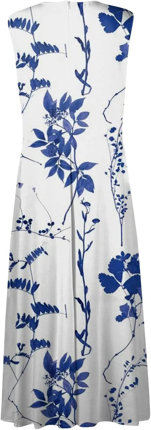 Womens Dresses Flowy Ruched Floral Print Boho Dress Wrap V Neck Sleeveless Sundress Elegant Beach Dresses