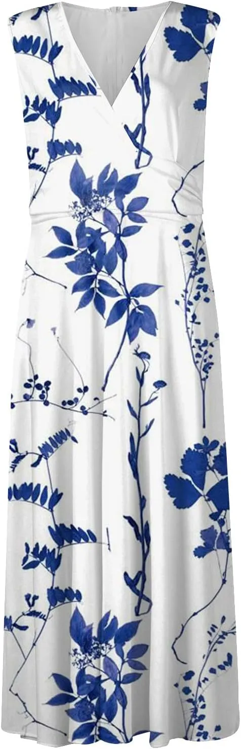Womens Dresses Flowy Ruched Floral Print Boho Dress Wrap V Neck Sleeveless Sundress Elegant Beach Dresses