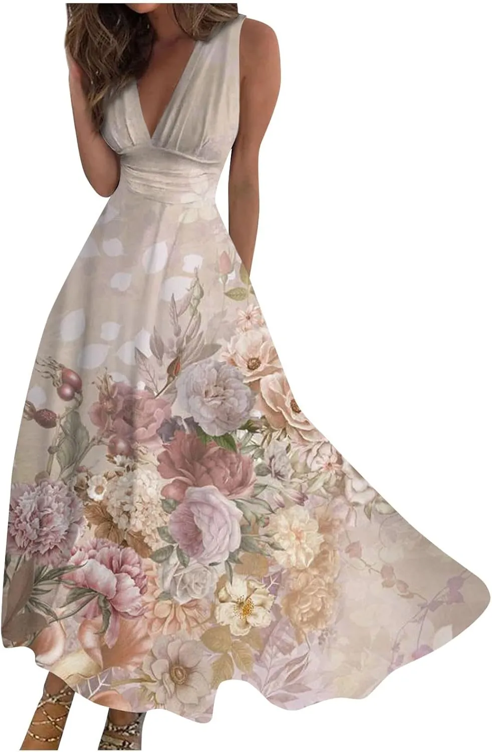Womens Dresses Flowy Ruched Floral Print Sundresses Wrap V Neck Sleeveless Maxi Dress Elegant Beach Dresses