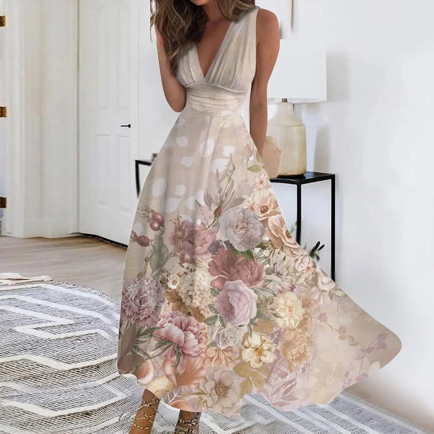 Womens Dresses Flowy Ruched Floral Print Sundresses Wrap V Neck Sleeveless Maxi Dress Elegant Beach Dresses
