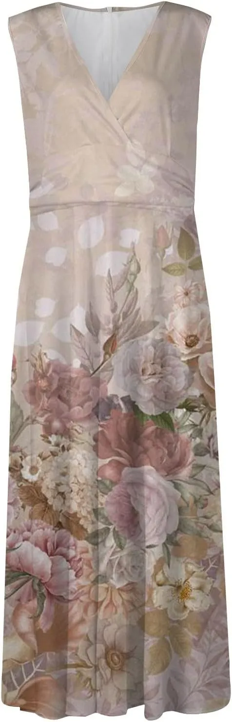Womens Dresses Flowy Ruched Floral Print Sundresses Wrap V Neck Sleeveless Maxi Dress Elegant Beach Dresses