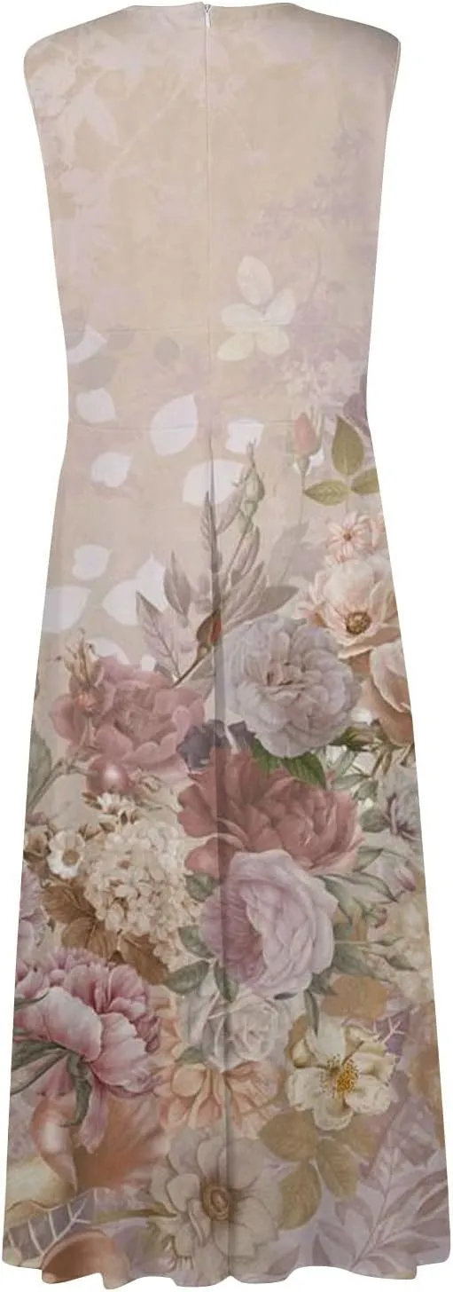 Womens Dresses Flowy Ruched Floral Print Sundresses Wrap V Neck Sleeveless Maxi Dress Elegant Beach Dresses