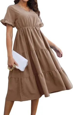 Womens Dresses Plus Size V Neck A Line Dress Summer Fashion Midi Casual Tiered Flowy Swing Loose Fit Dresses 2025