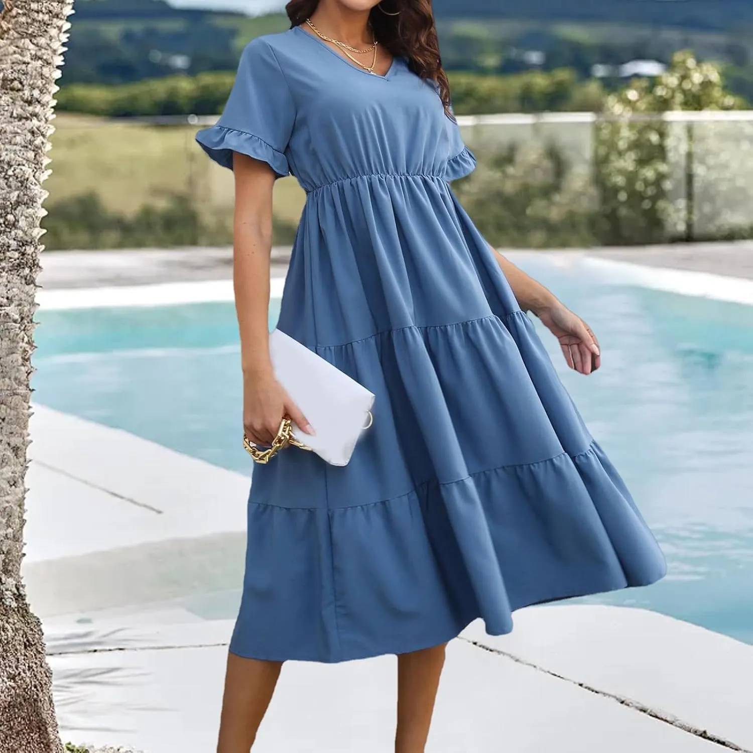 Womens Dresses Plus Size V Neck A Line Dress Summer Fashion Midi Casual Tiered Flowy Swing Loose Fit Dresses 2025