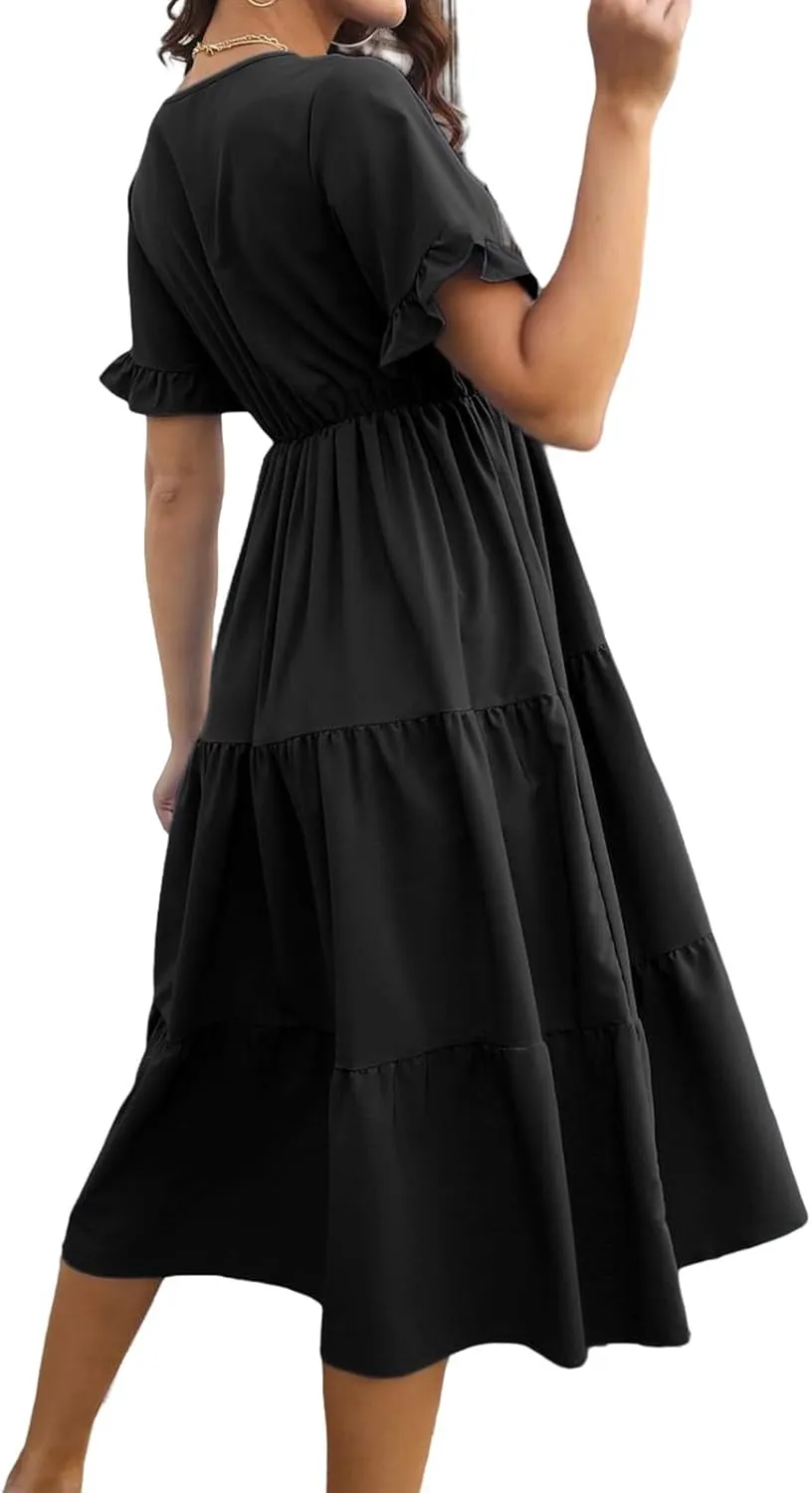 Womens Dresses Plus Size V Neck A Line Dress Summer Fashion Midi Casual Tiered Flowy Swing Loose Fit Dresses 2025