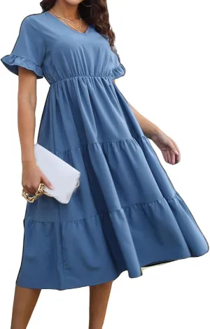 Womens Dresses Plus Size V Neck A Line Dress Summer Fashion Midi Casual Tiered Flowy Swing Loose Fit Dresses 2025