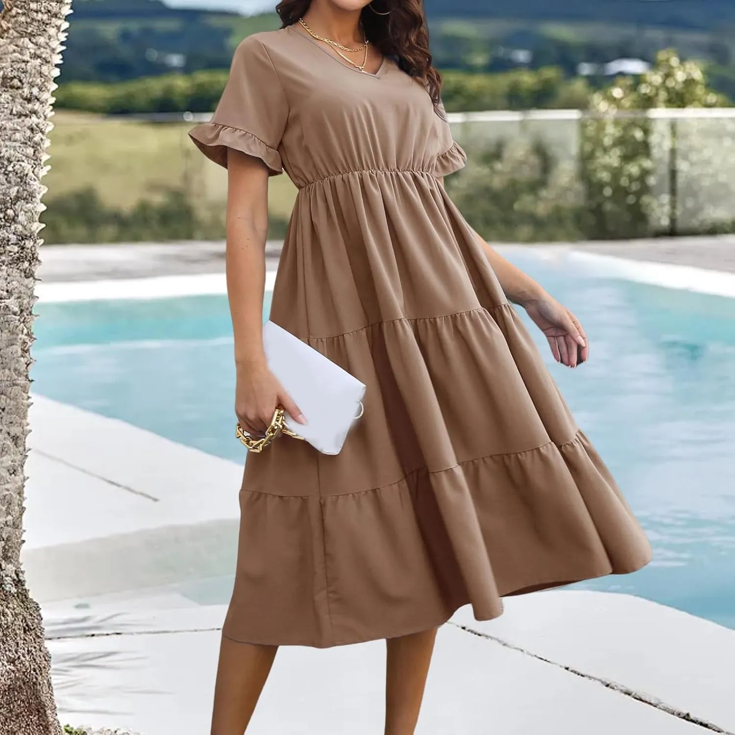 Womens Dresses Plus Size V Neck A Line Dress Summer Fashion Midi Casual Tiered Flowy Swing Loose Fit Dresses 2025