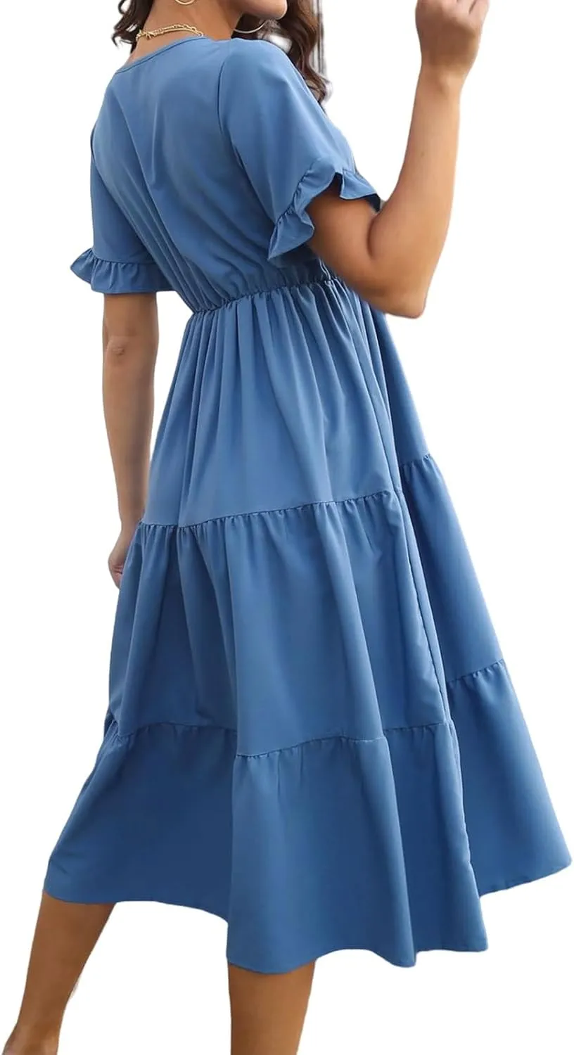 Womens Dresses Plus Size V Neck A Line Dress Summer Fashion Midi Casual Tiered Flowy Swing Loose Fit Dresses 2025