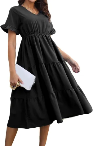 Womens Dresses Plus Size V Neck A Line Dress Summer Fashion Midi Casual Tiered Flowy Swing Loose Fit Dresses 2025