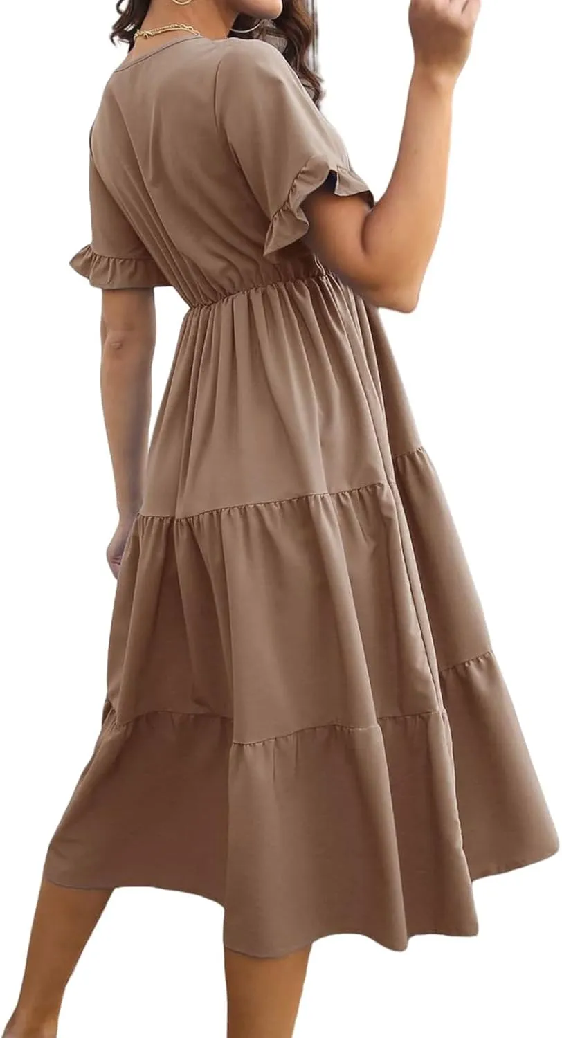 Womens Dresses Plus Size V Neck A Line Dress Summer Fashion Midi Casual Tiered Flowy Swing Loose Fit Dresses 2025