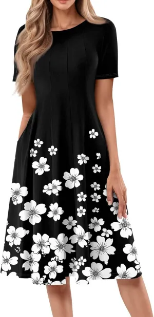 Womens Dresses Short Sleeve Summer Wrap Dress Empire Waist Floral Dress Fashion Smocked Midi Dresses with Pockets