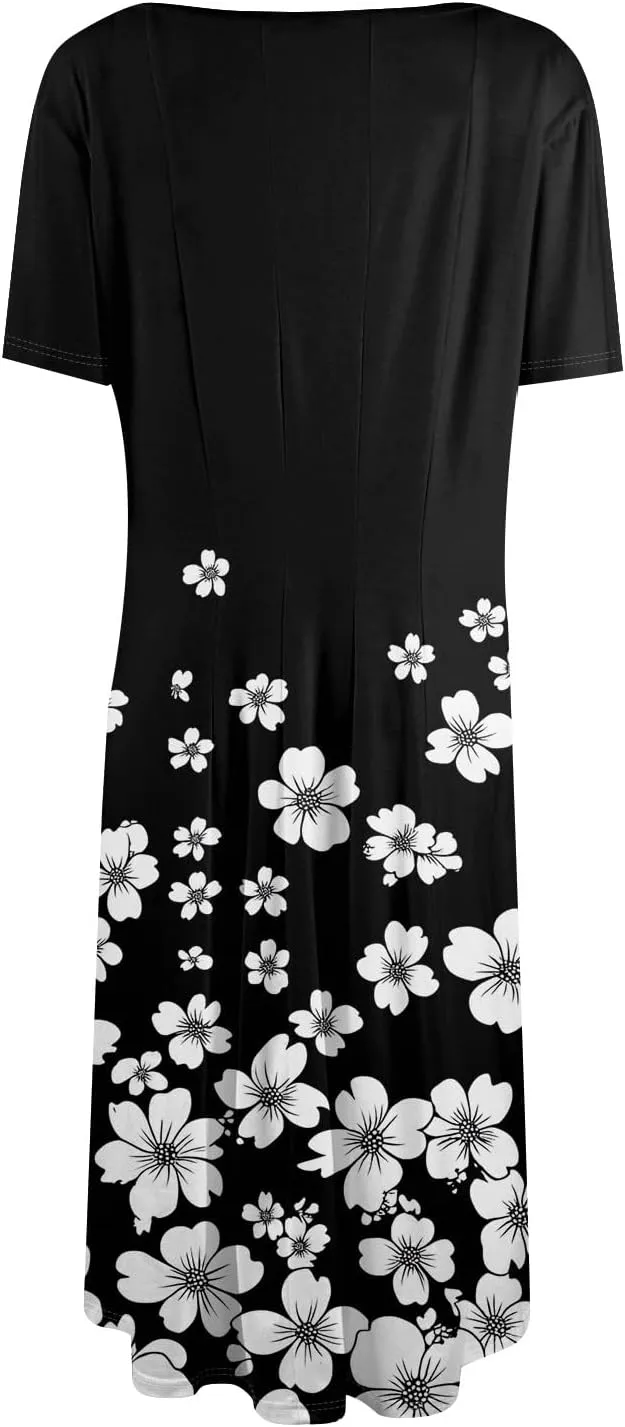 Womens Dresses Short Sleeve Summer Wrap Dress Empire Waist Floral Dress Fashion Smocked Midi Dresses with Pockets