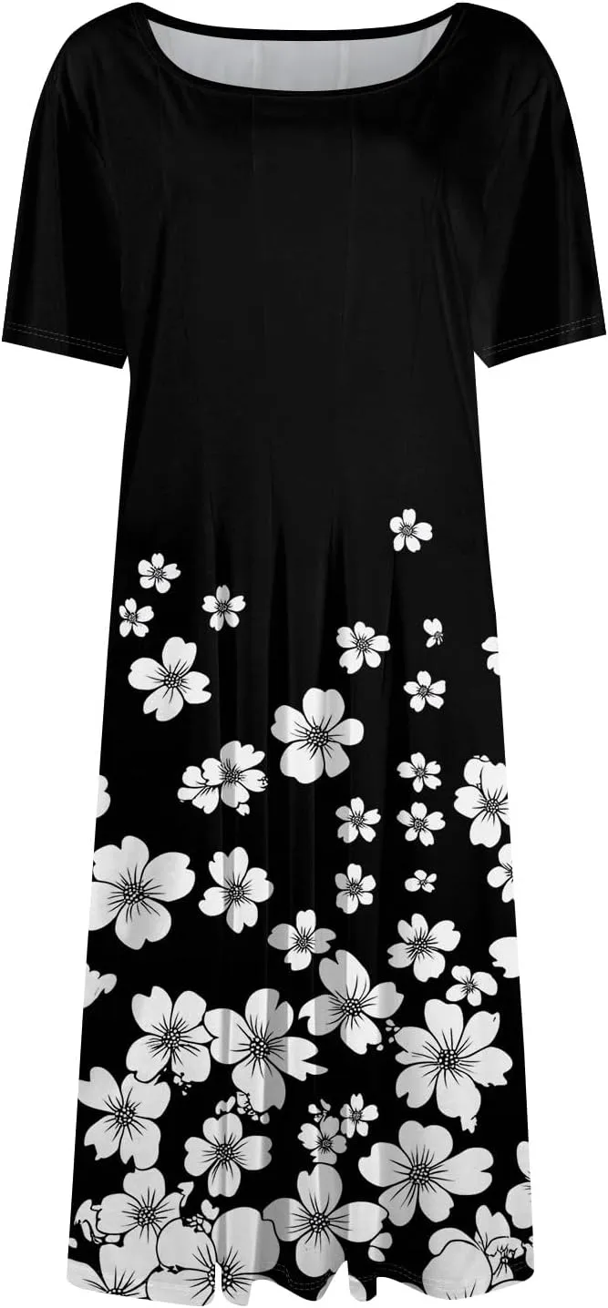 Womens Dresses Short Sleeve Summer Wrap Dress Empire Waist Floral Dress Fashion Smocked Midi Dresses with Pockets