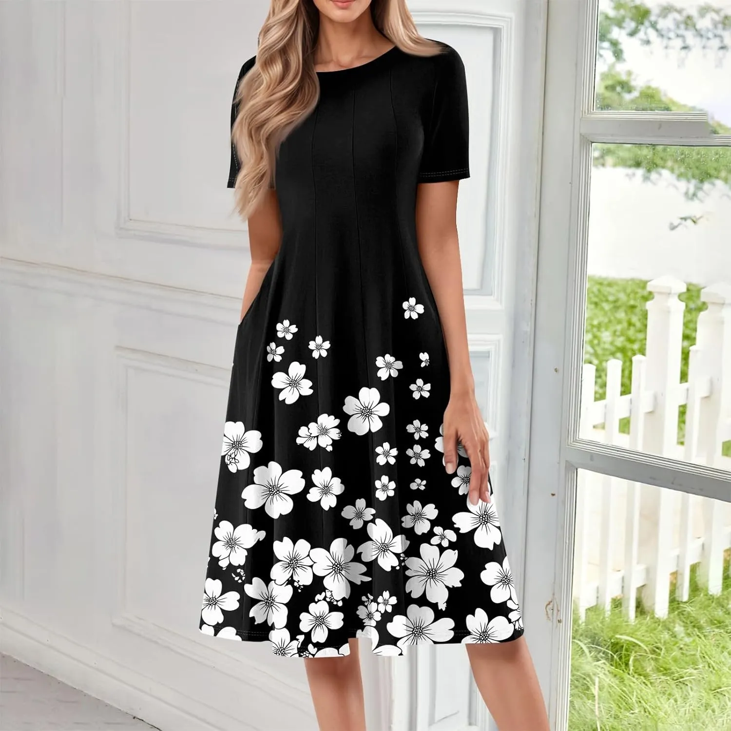 Womens Dresses Short Sleeve Summer Wrap Dress Empire Waist Floral Dress Fashion Smocked Midi Dresses with Pockets