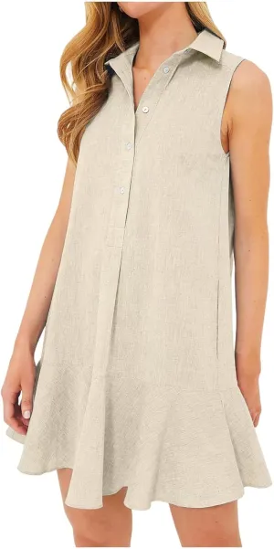 Womens Dresses Summer Loose Fit Dress Sleeveless Collared Button Down Mini Dress Ruffle Hem Dresses 2025