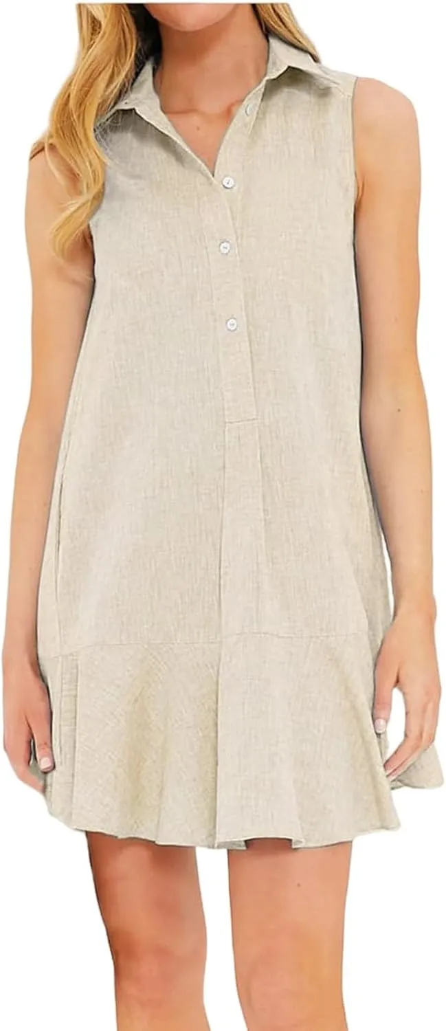 Womens Dresses Summer Loose Fit Dress Sleeveless Collared Button Down Mini Dress Ruffle Hem Dresses 2025
