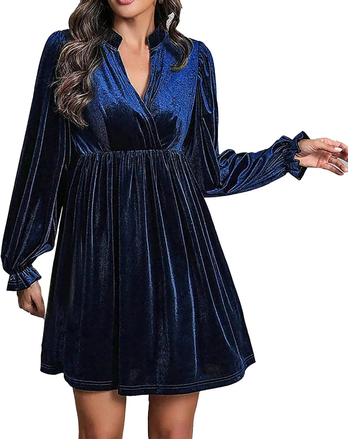 Women's Dresses Velvet Deep V-Neck Long Sleeve Ruffle Mini Swing Sexy Cocktail Shift Dress