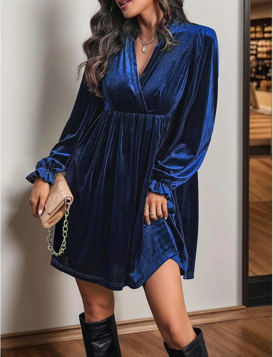 Women's Dresses Velvet Deep V-Neck Long Sleeve Ruffle Mini Swing Sexy Cocktail Shift Dress