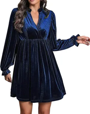 Women's Dresses Velvet Deep V-Neck Long Sleeve Ruffle Mini Swing Sexy Cocktail Shift Dress
