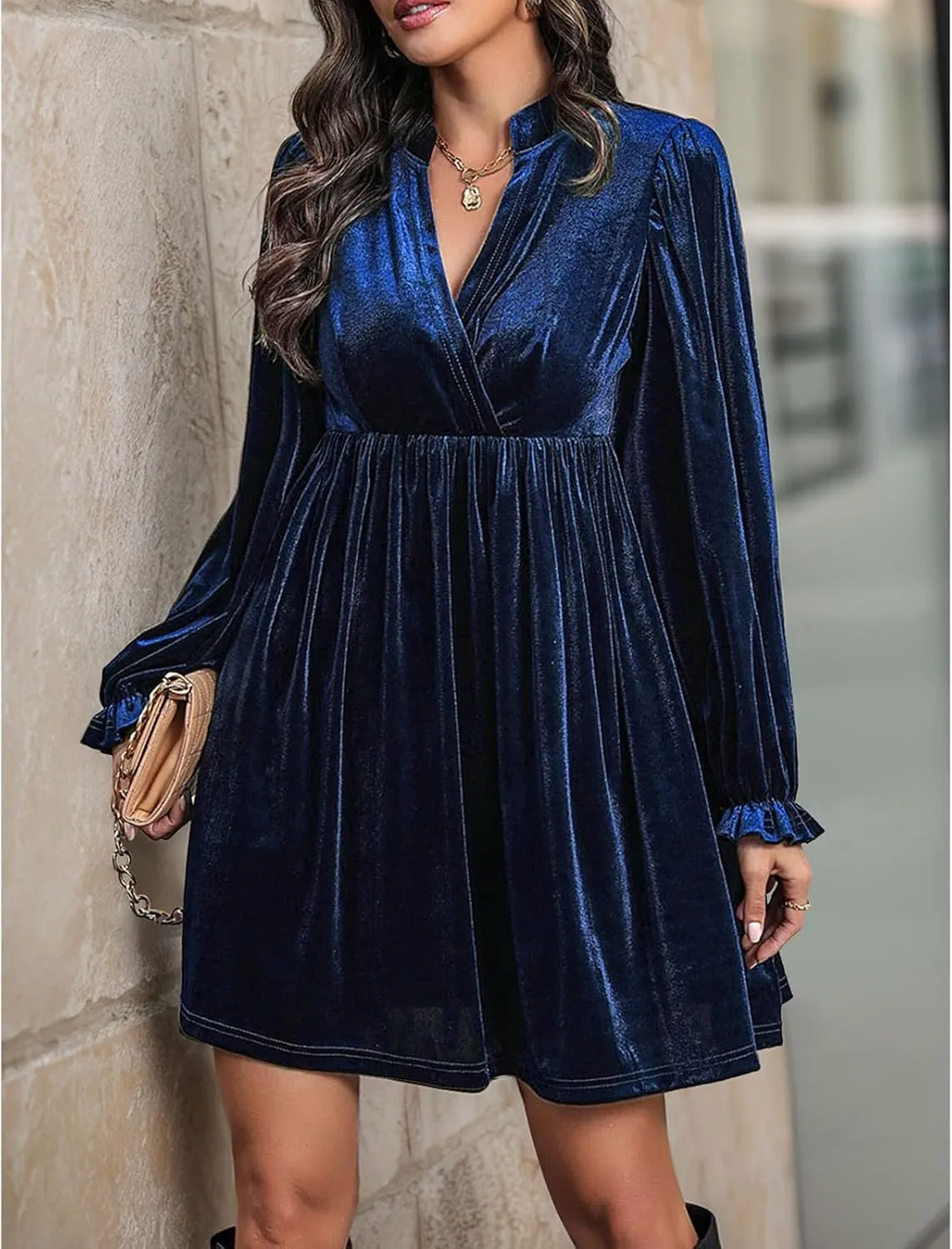 Women's Dresses Velvet Deep V-Neck Long Sleeve Ruffle Mini Swing Sexy Cocktail Shift Dress
