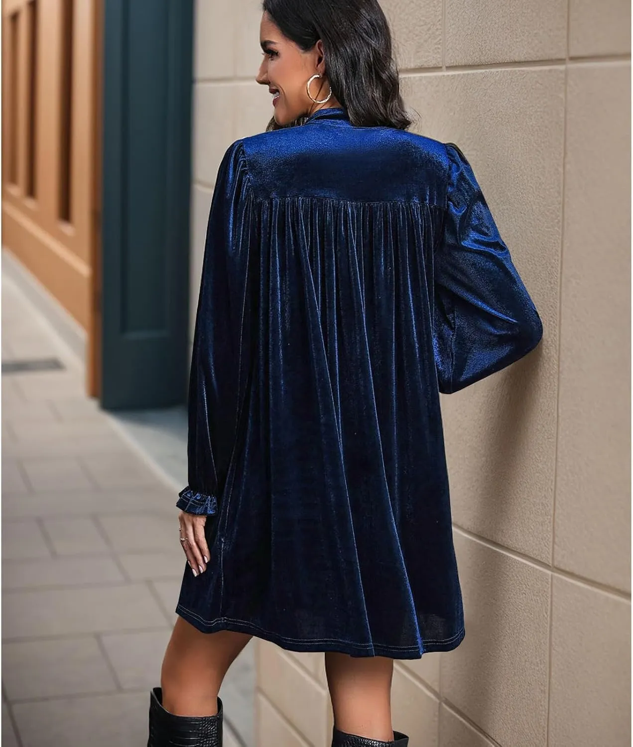 Women's Dresses Velvet Deep V-Neck Long Sleeve Ruffle Mini Swing Sexy Cocktail Shift Dress