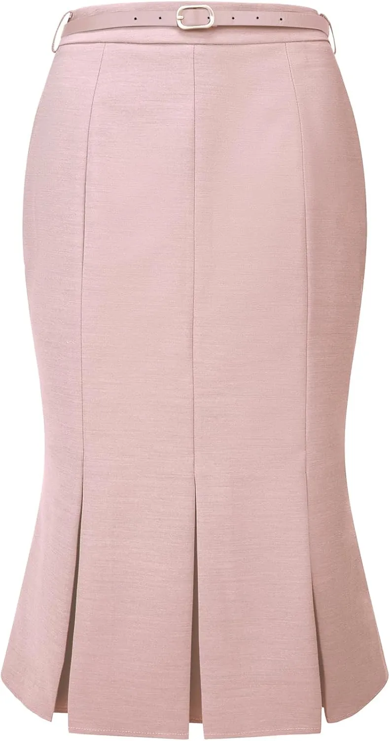 Women's Elegant Formal Skirt with Belt Knee Length Fishtail Pencil Skirt