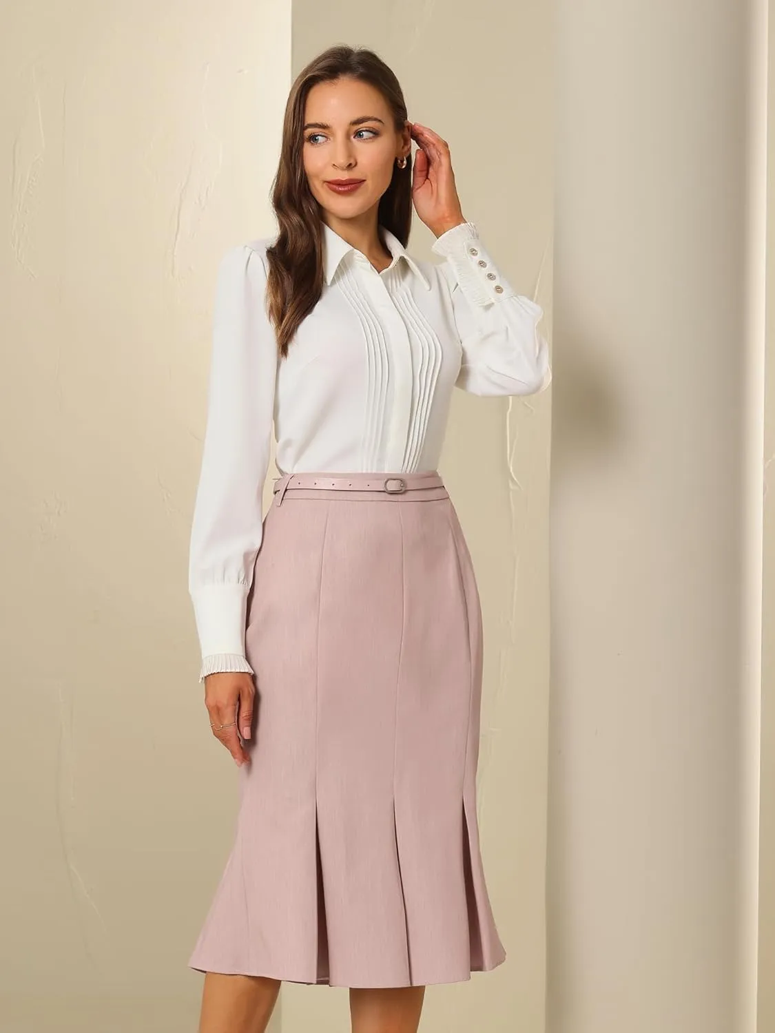 Women's Elegant Formal Skirt with Belt Knee Length Fishtail Pencil Skirt
