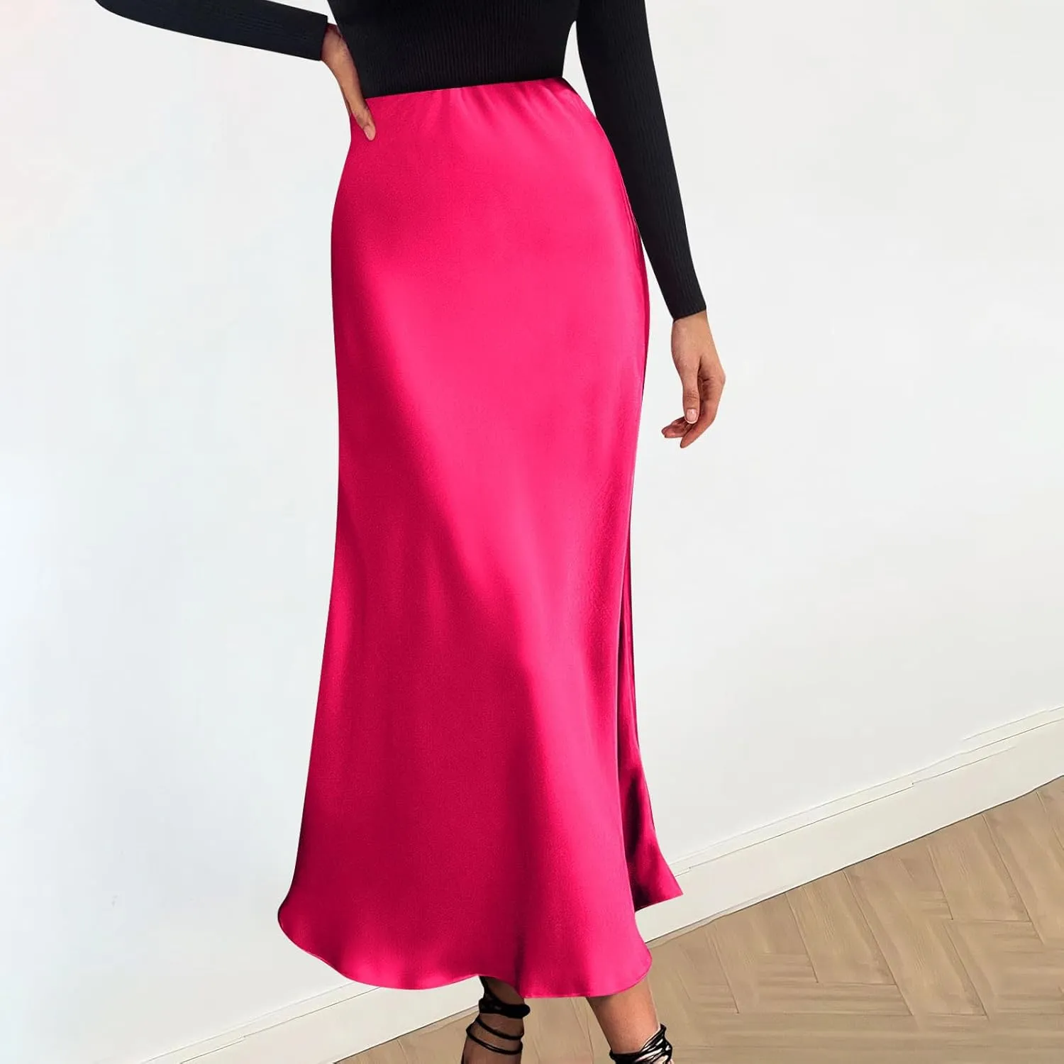 Women's Elegant High Waist Satin A Line Flared Midi Skirt Silk Cocktail Party Wedding Elegant Elastic Long Skirts