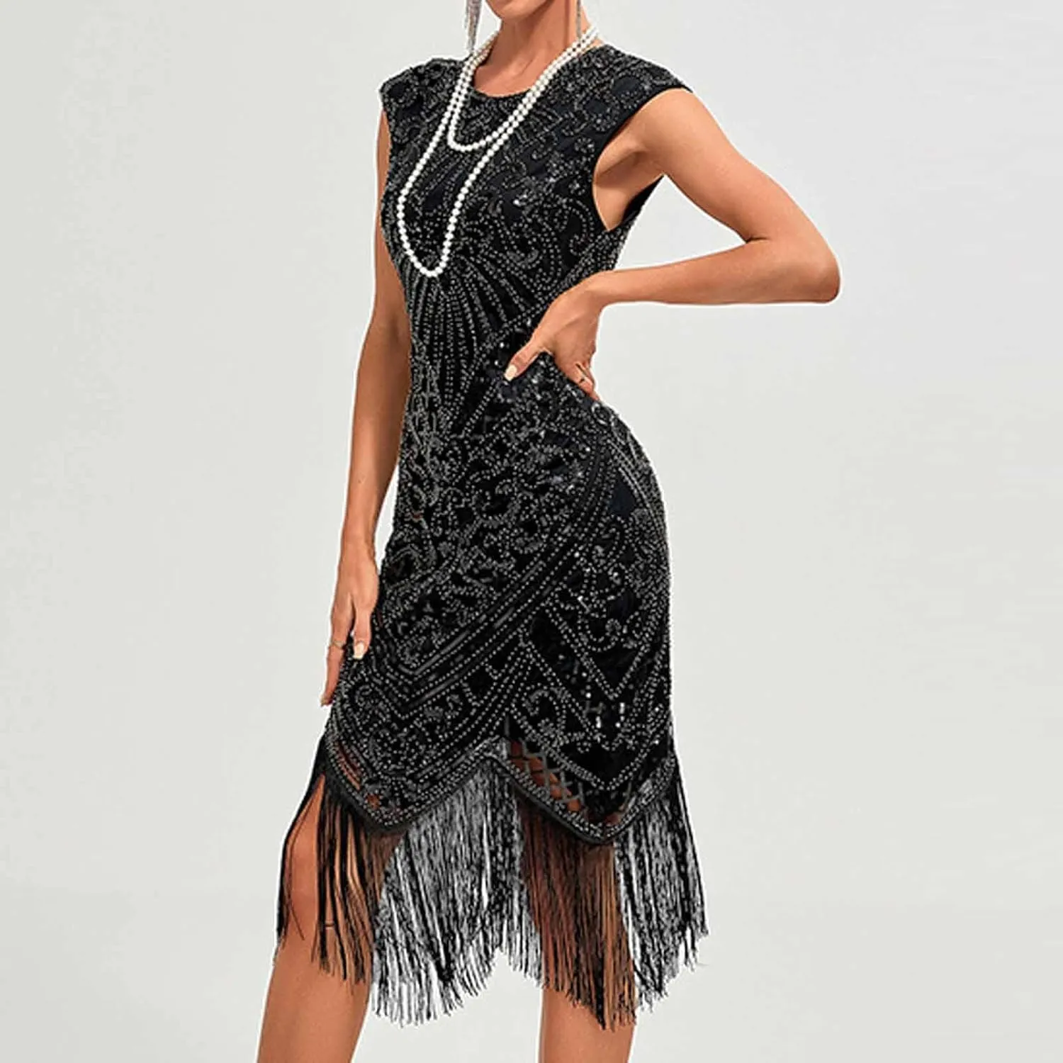 Women's Flapper Dresses 1920s Beaded Fringed Great Gatsby Dress Sequin Sparkly Sleeveless Club Night Prom Party Dress