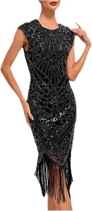 Women's Flapper Dresses 1920s Beaded Fringed Great Gatsby Dress Sequin Sparkly Sleeveless Club Night Prom Party Dress