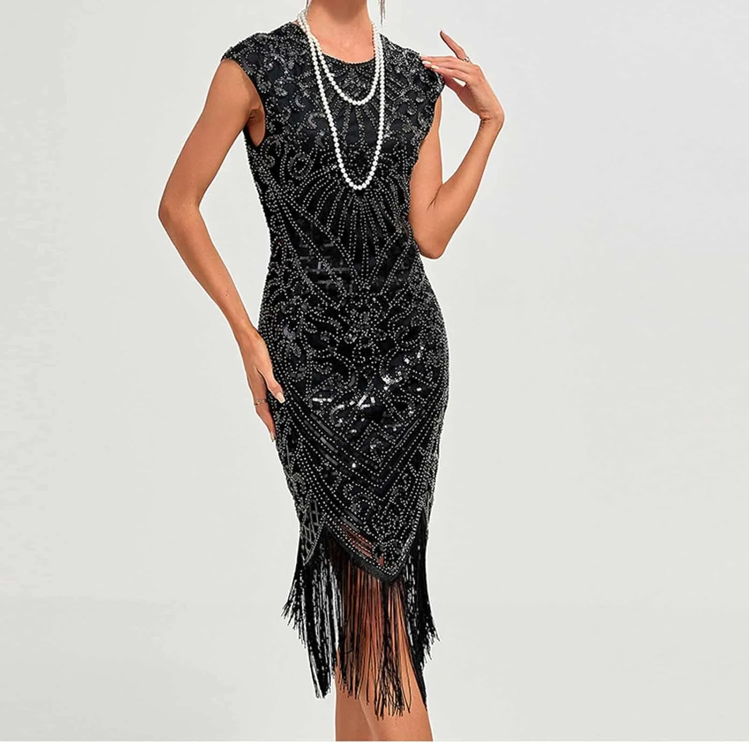 Women's Flapper Dresses 1920s Beaded Fringed Great Gatsby Dress Sequin Sparkly Sleeveless Club Night Prom Party Dress