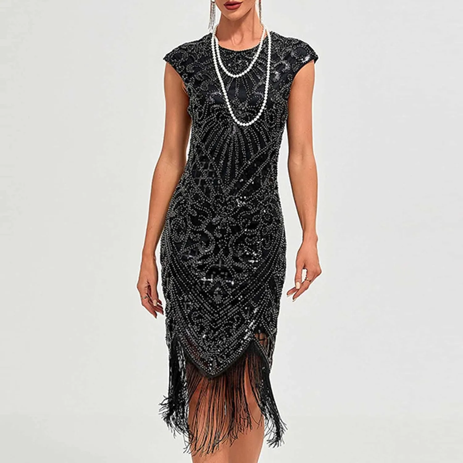 Women's Flapper Dresses 1920s Beaded Fringed Great Gatsby Dress Sequin Sparkly Sleeveless Club Night Prom Party Dress