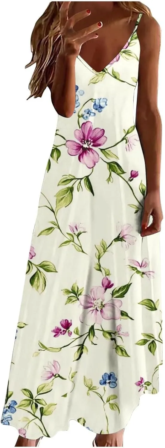 Womens Floral Boho Spring Dresses Spaghetti Strap Cute Sundresses Casual Long Maxi Dress Beach Vacation Clothes 2025