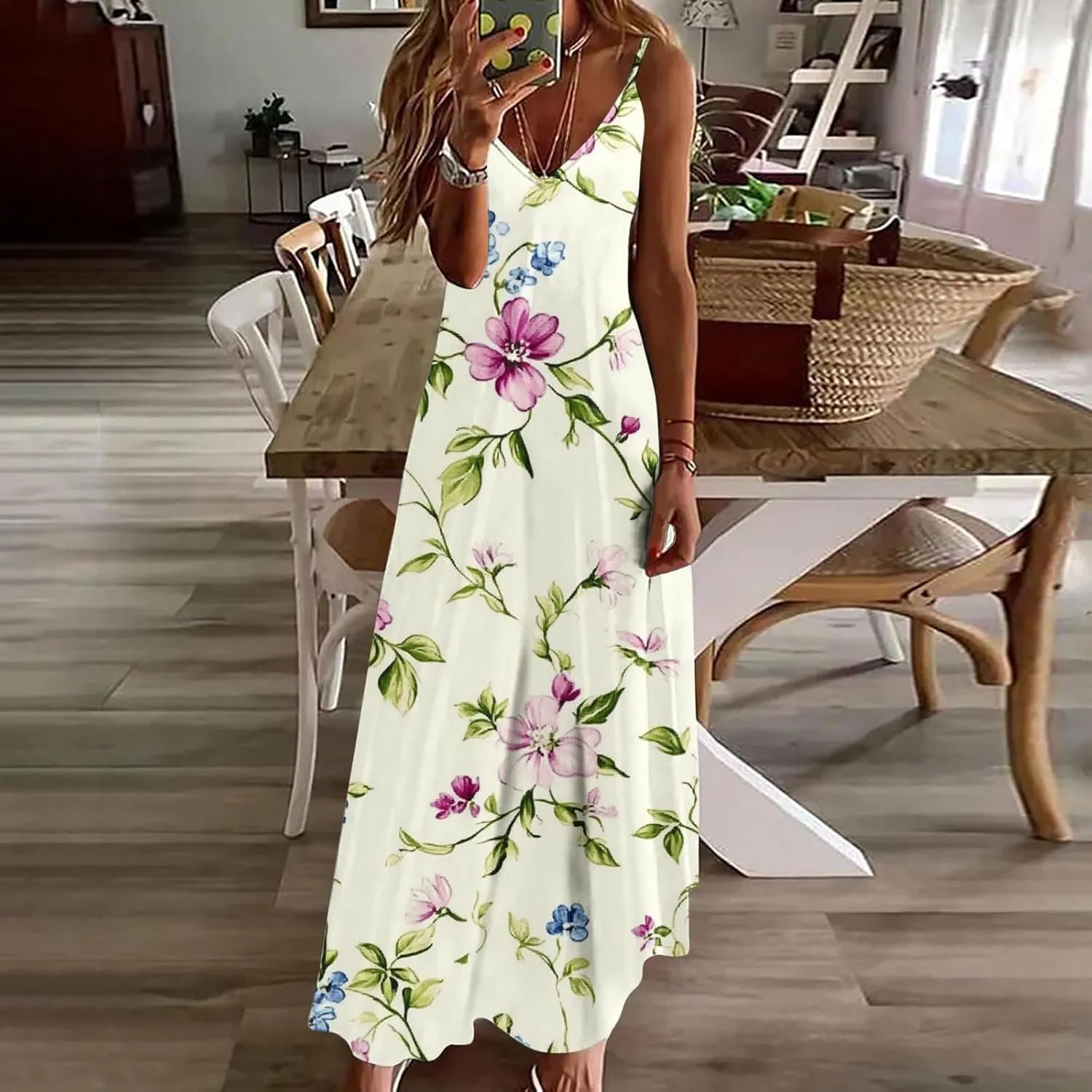 Womens Floral Boho Spring Dresses Spaghetti Strap Cute Sundresses Casual Long Maxi Dress Beach Vacation Clothes 2025
