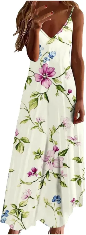 Womens Floral Boho Spring Dresses Spaghetti Strap Cute Sundresses Casual Long Maxi Dress Beach Vacation Clothes 2025