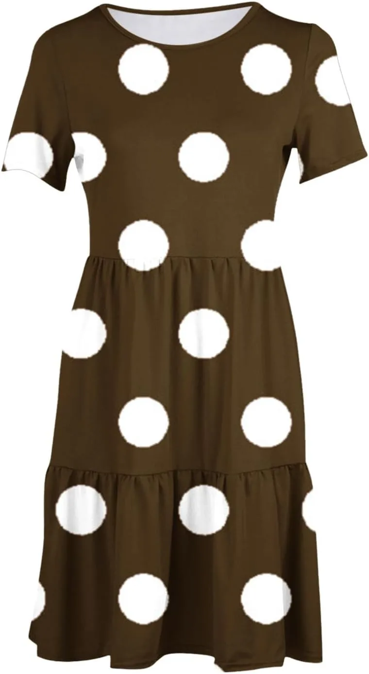Womens Graphic T-Shirt Dress with Pockets Summer Scoop Neck Ruffle Dress Casual Soft Dot Print Short Sleeve Sundress