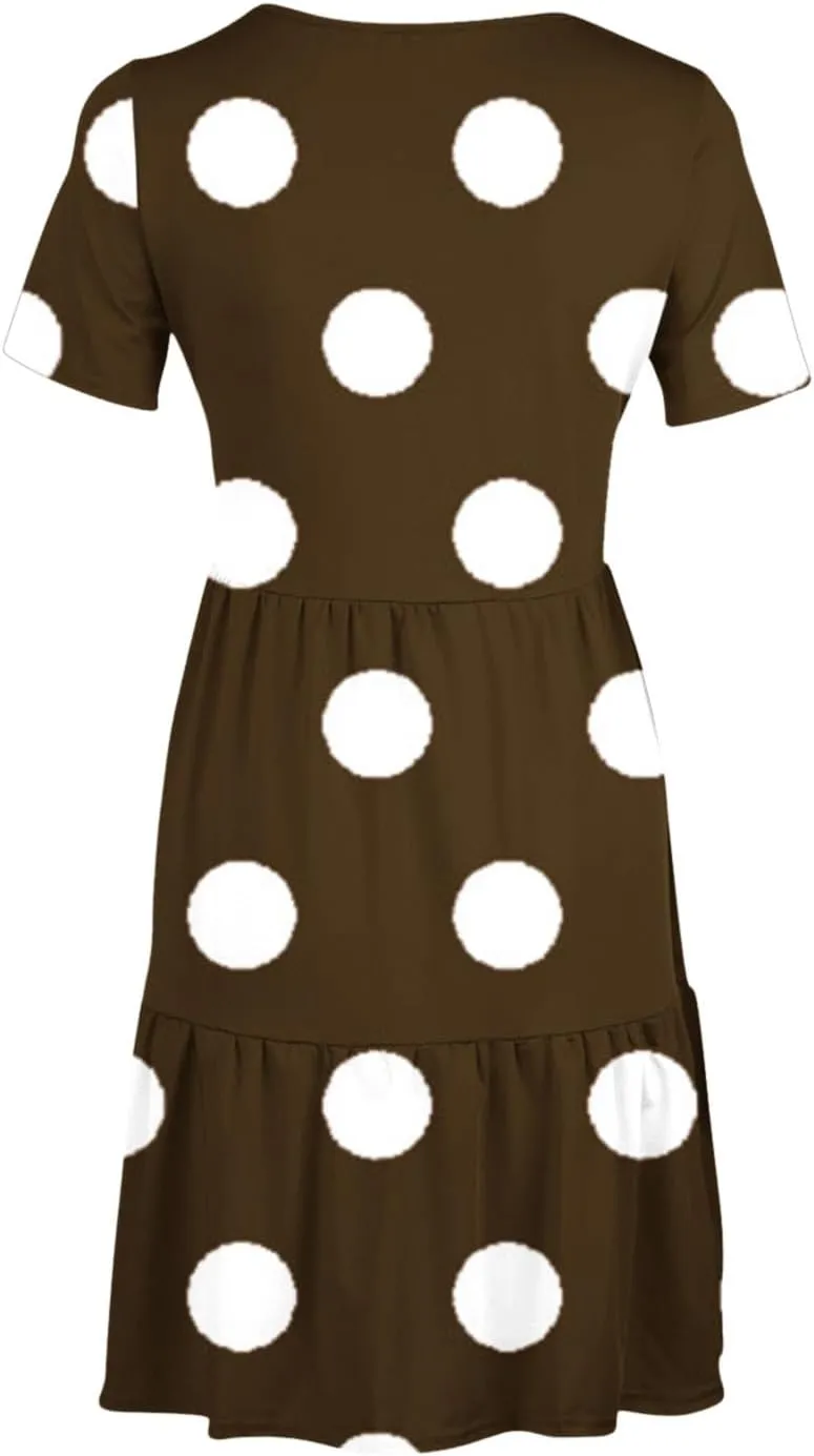 Womens Graphic T-Shirt Dress with Pockets Summer Scoop Neck Ruffle Dress Casual Soft Dot Print Short Sleeve Sundress